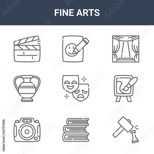 9 fine arts icons pack. trendy fine arts icons on white background. thin outline line icons such as sculpting, easel, sketch . fine arts icon set for web and mobile.