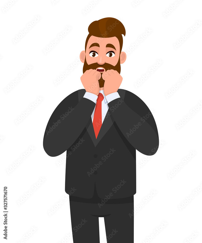 Shocked young business man keeping  hand on cheek. Scared person holding both hands on face. Male character design illustration. Human emotions and expressions concept in vector cartoon style.