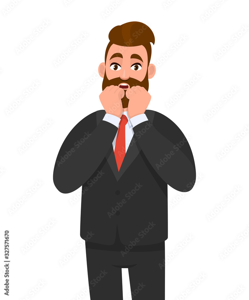Shocked young business man keeping hand on cheek. Scared person holding both hands on face. Male character design illustration. Human emotions and expressions concept in vector cartoon style. Shocked young business man keeping hand on cheek. Scared person holding both hands on face. Male character design illustration. Human emotions and expressions concept in vector cartoon style.