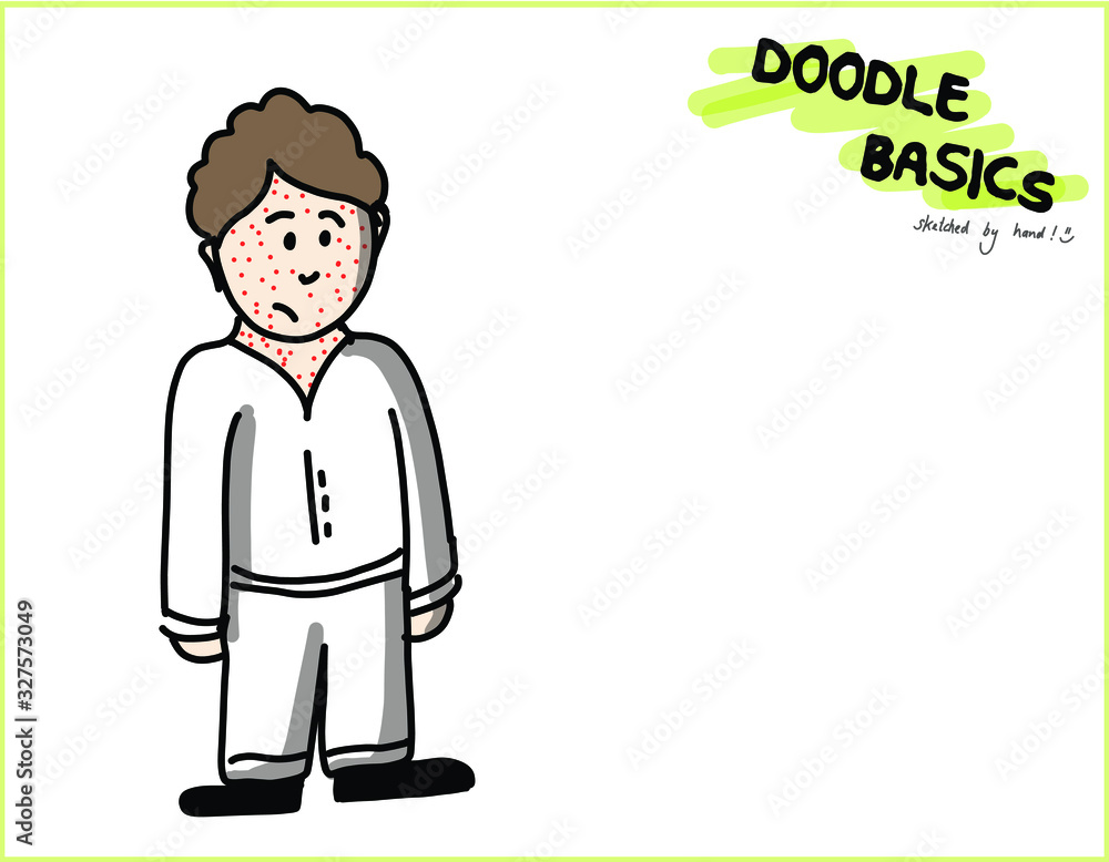 Doodle Basics - Red Rash Measels Masern - needing medical help cartoon character vector illustration with Fieber Thermometer and Pill / Impfung Doodle Basics - Red Rash Measels Masern - needing medical help cartoon character vector illustration with Fieber Thermometer and Pill / Impfung