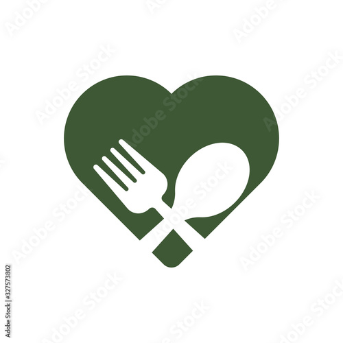 Food green logo with, spoon, fork and heart. Healthy vegan food illustration. Isolated on white background.  