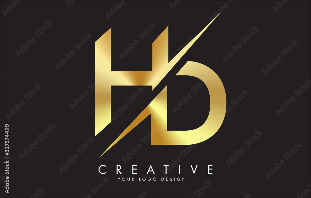 HD H D Golden Letter Logo Design with a Creative Cut.