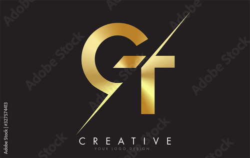 GT G T Golden Letter Logo Design with a Creative Cut.