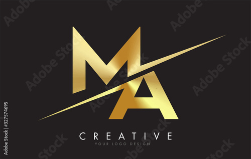 MA M A Golden Letter Logo Design with a Creative Cut.