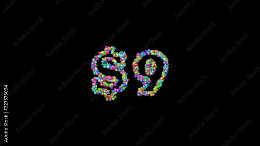 Colorful 3D writting of $9 text with small objects over a dark background and matching shadow