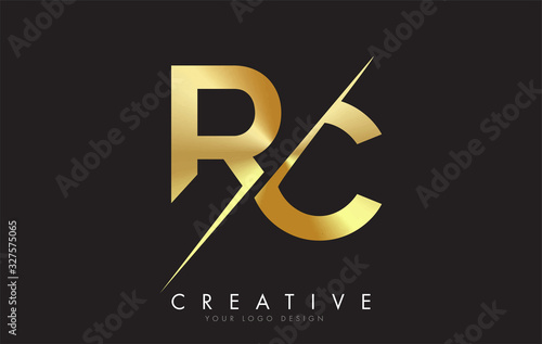RC R C Golden Letter Logo Design with a Creative Cut.
