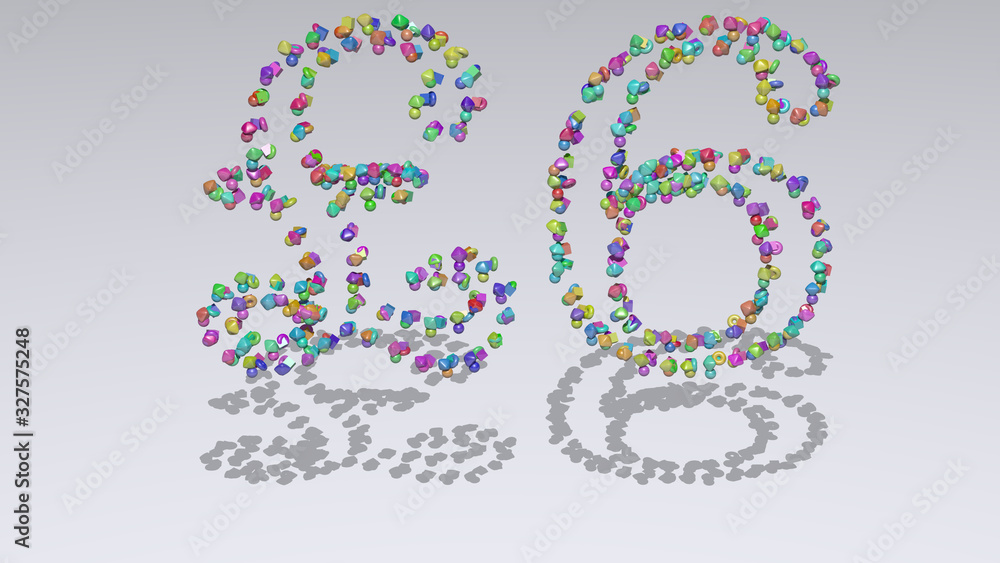 £6 written in 3D illustration by colorful small objects casting shadow on a white background £6 written in 3D illustration by colorful small objects casting shadow on a white background