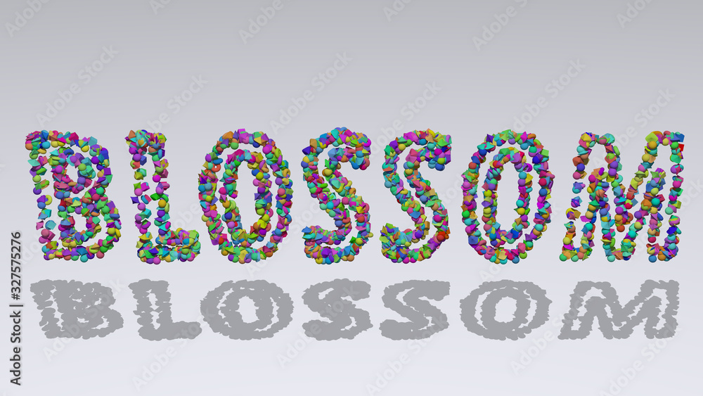 Blossom: 3D illustration of the text made of small objects over a white background with shadows Blossom: 3D illustration of the text made of small objects over a white background with shadows
