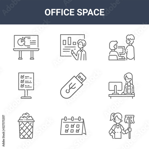 9 office space icons pack. trendy office space icons on white background. thin outline line icons such as cleaner, worker, presentation . office space icon set for web and mobile.