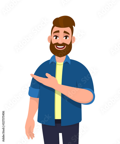 Trendy hipster young man pointing hand to copy space. Stylish bearded person showing or presenting hand gesture sign towards side. Male character introducing something. Vector illustration in cartoon.