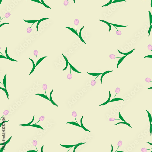 Hand drawn seamless pattern tulip flowers with leaves. Flower isolated on color background. Botanical organic spring herb. hand drawn in doodle. Collection for cards and labels, books and banners.