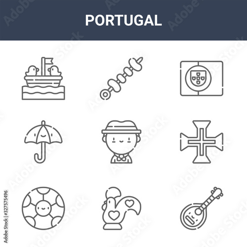 9 portugal icons pack. trendy portugal icons on white background. thin outline line icons such as mandolin, portugal cross, skewer . icon set for web and mobile.