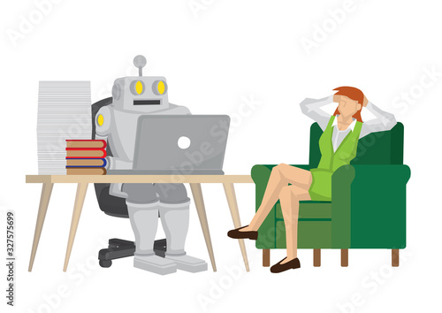 Robot helping female office worker doing her job so she can have a rest. Depicts the positive of artificial intelligence. Isolated vector cartoon illustration.