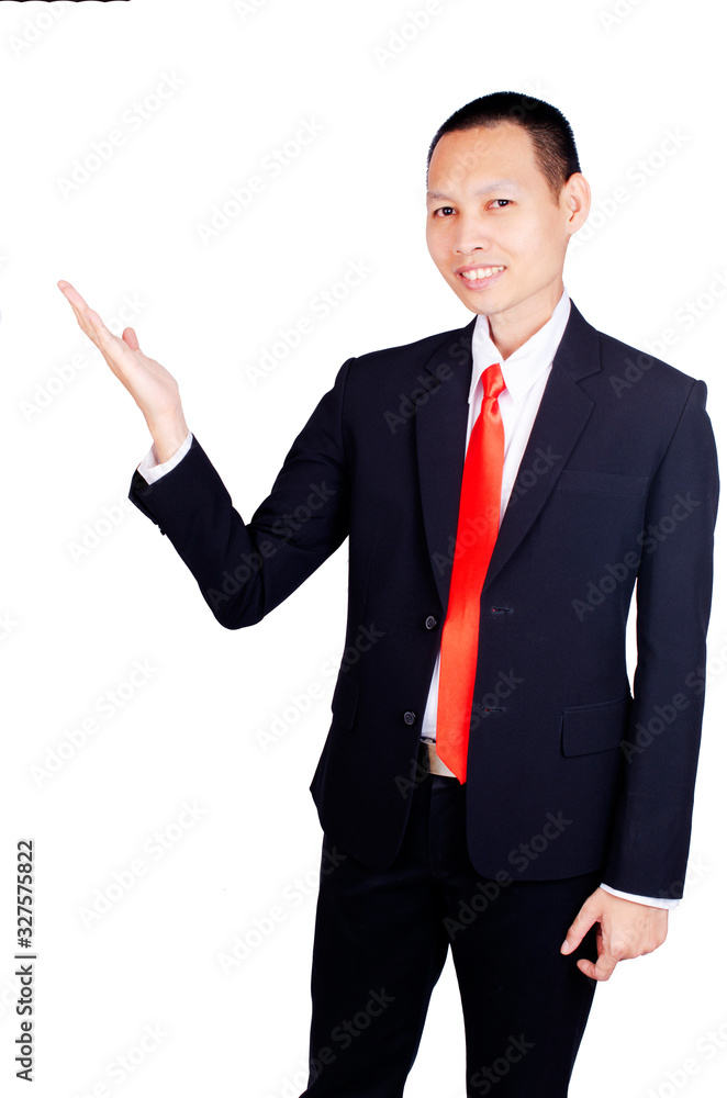 Asian business man portrait skin head style with hand show action Isolated on white backgrounds Asian business man portrait skin head style with hand show action Isolated on white backgrounds