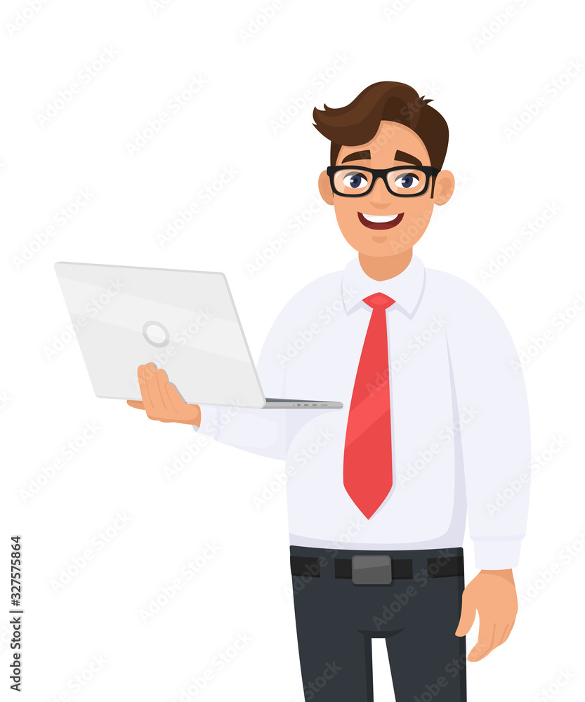 Young business man holding a new brand laptop computer. Person showing a digital device. Male character design illustration. Modern lifestyle, technology concept in vector cartoon style. Young business man holding a new brand laptop computer. Person showing a digital device. Male character design illustration. Modern lifestyle, technology concept in vector cartoon style.