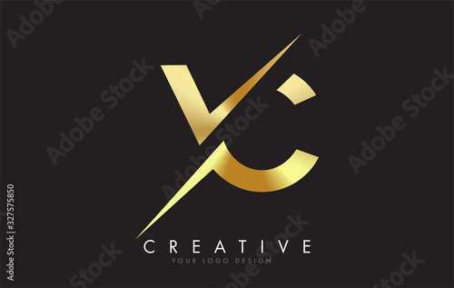 VC V C Golden Letter Logo Design with a Creative Cut.