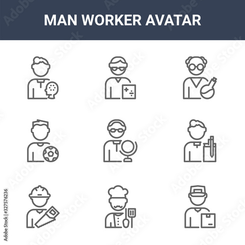 9 man worker avatar icons pack. trendy man worker avatar icons on white background. thin outline line icons such as courier, author, accountant . man worker avatar icon set for web and mobile.