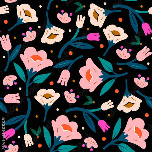 Hand drawn elegant Flowers. Paper cut style. Abstract contemporary modern trendy vector illustration. Seamless pattern. Dark background. Perfect for textile prints