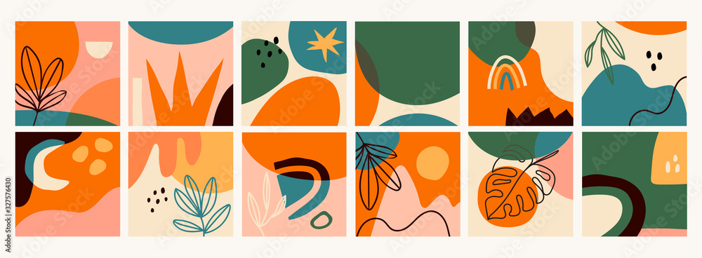 Big Set of Twelve abstract backgrounds. Hand drawn various shapes and doodle objects. Contemporary modern trendy Vector illustrations. Every background is isolated. Pastel colors Big Set of Twelve abstract backgrounds. Hand drawn various shapes and doodle objects. Contemporary modern trendy Vector illustrations. Every background is isolated. Pastel colors