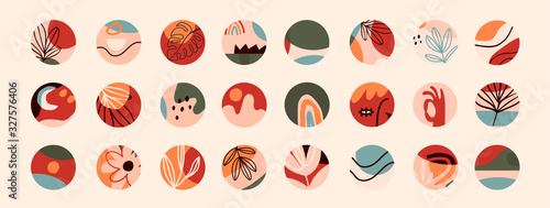Big Set of various vector highlight covers. Abstract backgrounds. Various shapes, lines, spots, dots, doodle objects. Hand drawn templates. Round icons for social media stories. Perfect for bloggers