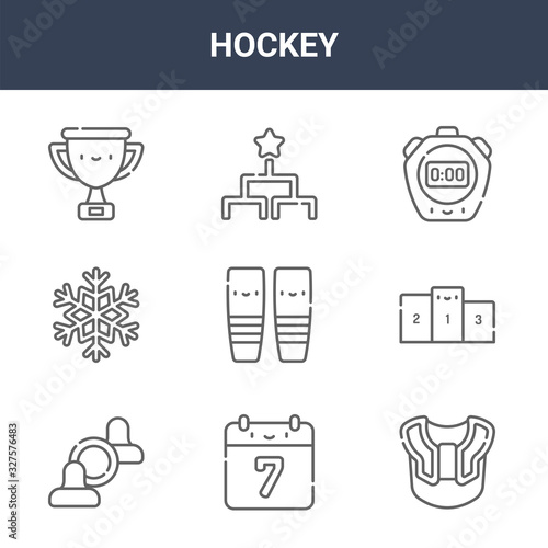 9 hockey icons pack. trendy hockey icons on white background. thin outline line icons such as shoulder pads, podium, tournament . hockey icon set for web and mobile.