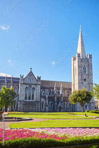 Photography St Patrick's Cathedral spire and St Patrick's Park in Dublin City, Ireland