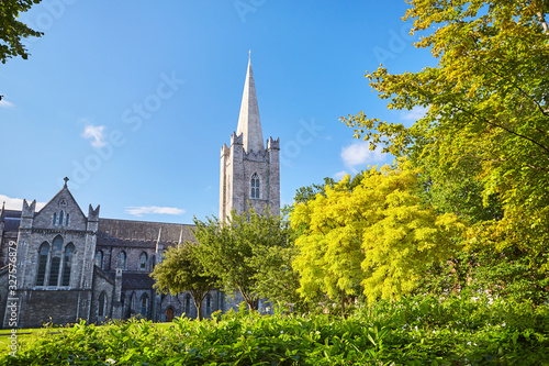 Photography St Patrick's Cathedral spire and St Patrick's Park in Dublin City, Ireland