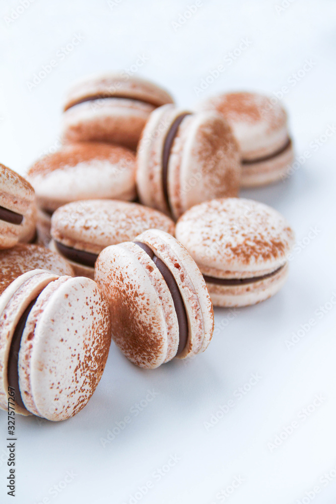 French dessert macaron powered with cocoa powder and filled with dark chocolate ganache. On a white background. Back view.