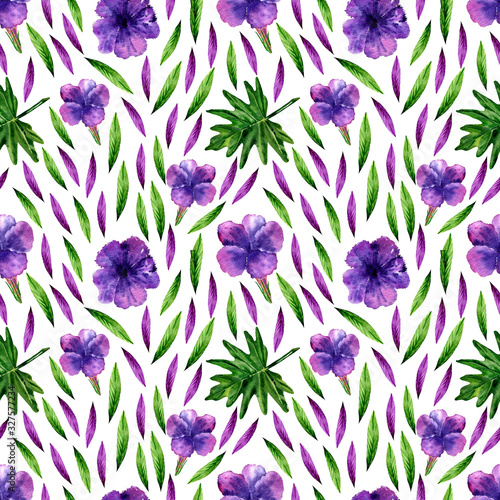 Seamless pattern of watercolor purple flowers and green plants . White background.