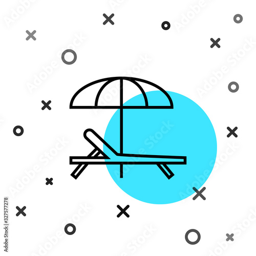 Black line Sunbed icon isolated on white background. Beach umbrella and Sun lounger. Random dynamic shapes. Vector Illustration