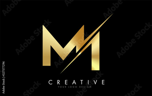 MI M I Golden Letter Logo Design with a Creative Cut.