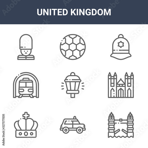 9 united kingdom icons pack. trendy united kingdom icons on white background. thin outline line icons such as london bridge, westminster, soccer . united kingdom icon set for web and mobile.