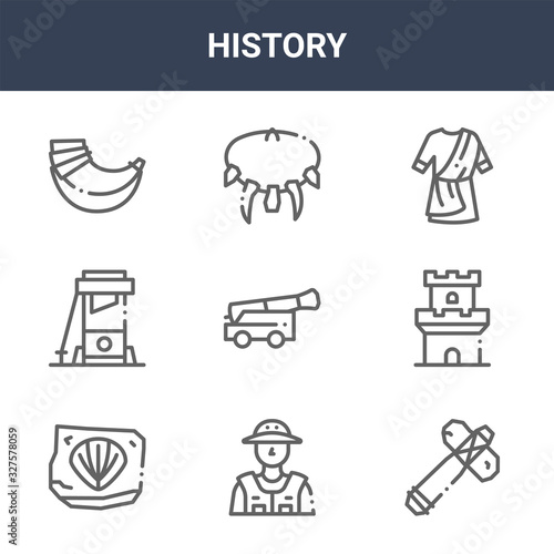 9 history icons pack. trendy history icons on white background. thin outline line icons such as hammer, tower, necklace . history icon set for web and mobile.