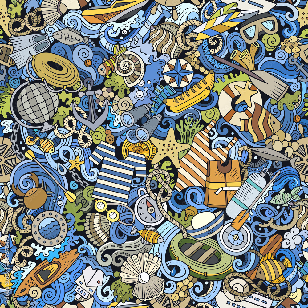 Fototapeta premium Cartoon cute doodles hand drawn Marine seamless pattern.