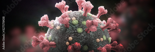 coronavirus (Covid-19, Sars-CoV-2) Microscopic view of the dangerous virus. Medical 3d render, banner format. photo
