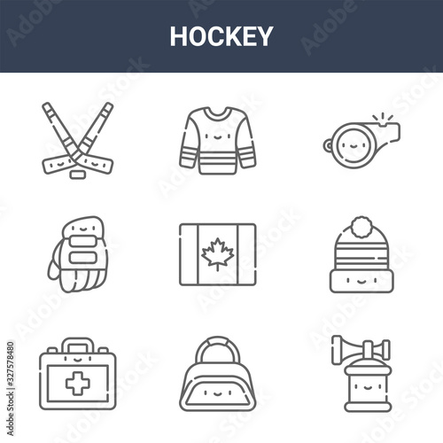 9 hockey icons pack. trendy hockey icons on white background. thin outline line icons such as air horn, knit hat, hockey jersey . icon set for web and mobile.