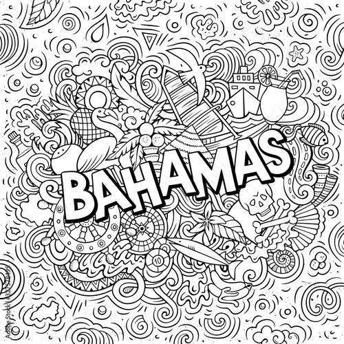 Bahamas hand drawn cartoon doodles illustration. Funny travel design.