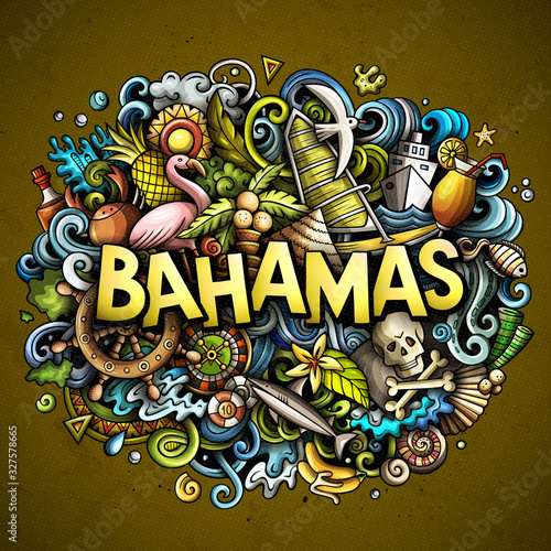 Bahamas hand drawn cartoon doodles illustration. Funny travel design.