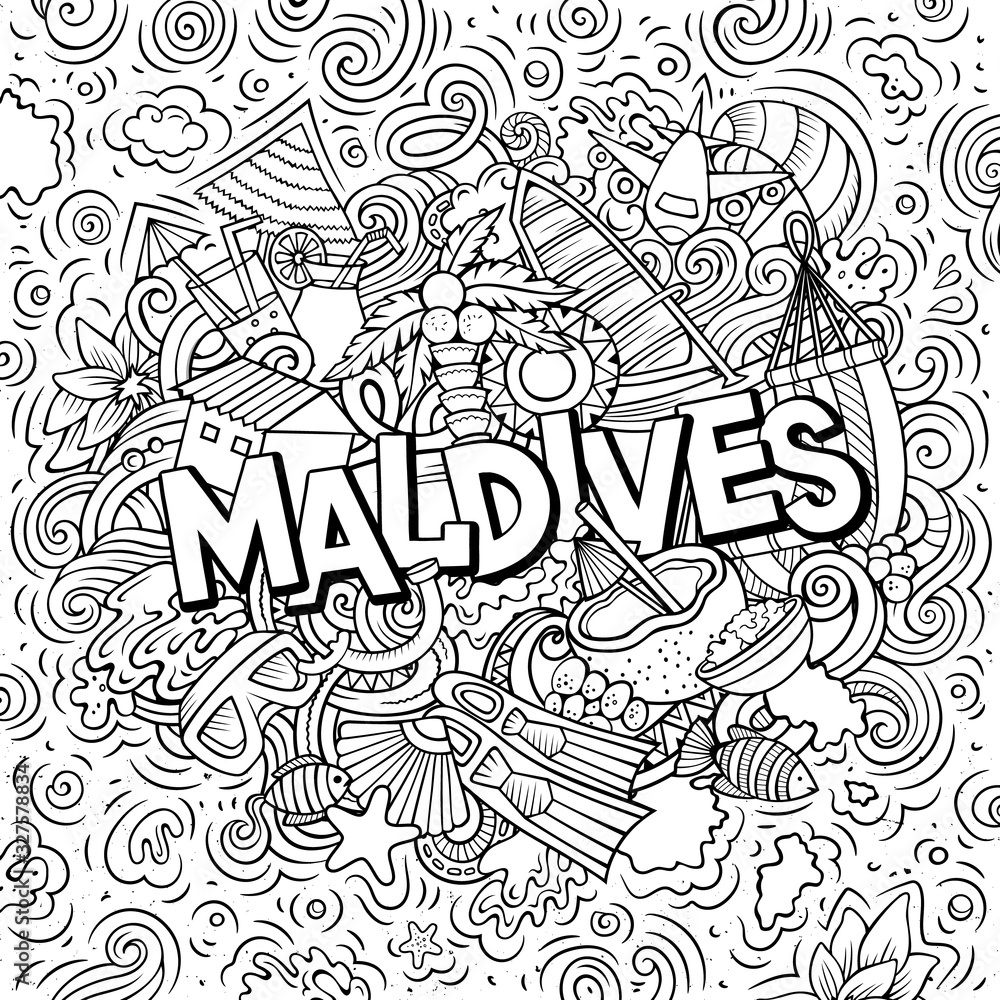 Maldives hand drawn cartoon doodles illustration. Funny travel design.