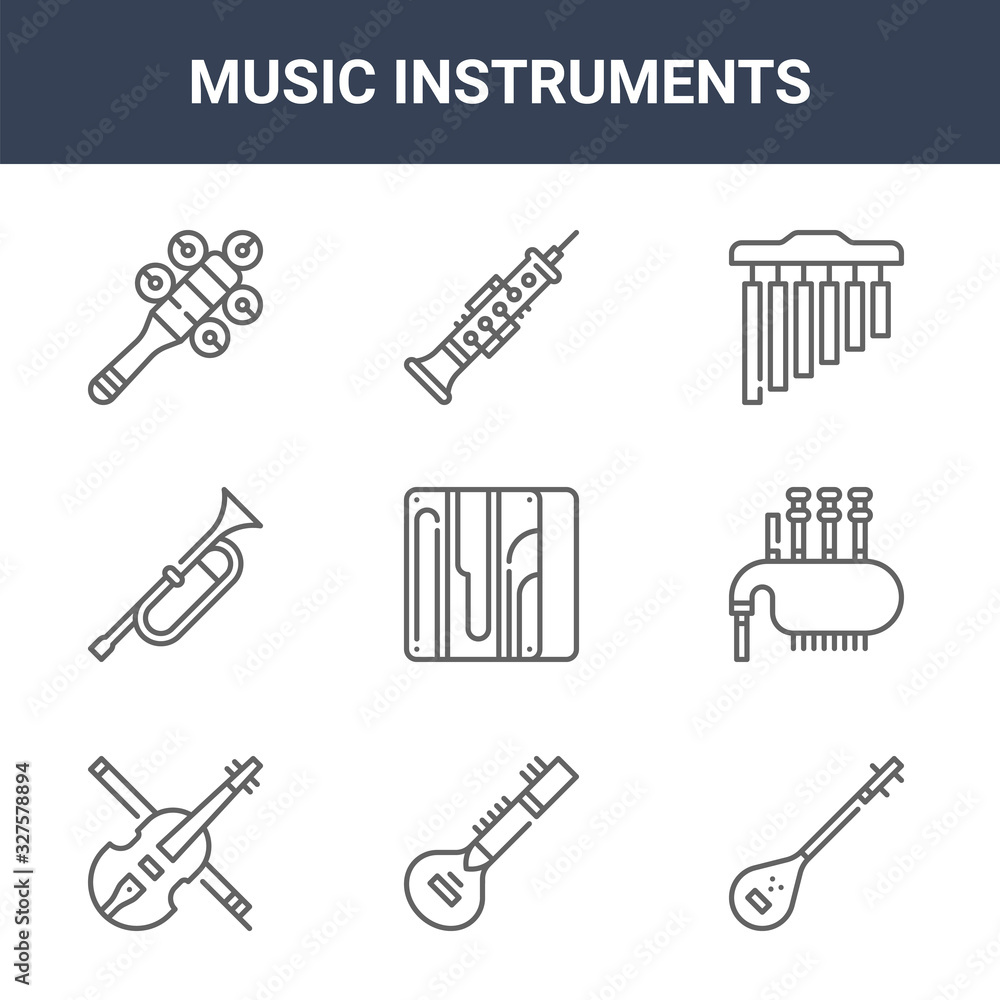 Fototapeta 9 music instruments icons pack. trendy music instruments icons on white background. thin outline line icons such as tanbur, bagpipes, oboe . music instruments icon set for web and mobile.