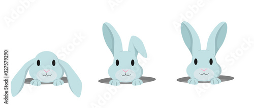 Rabbit peeps out of hole. Vector set of cute bunnies in cartoon style.