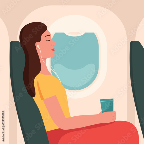 Young caucasian woman shocked by plane flight in the turbulent area. Frightened airplane passenger sitting in airplane seat and suffering from aerophobia. Vector cartoon illustration. Square layout.