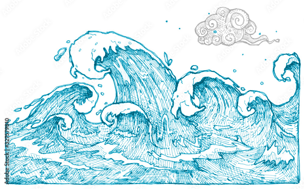 Fototapeta premium Hand drawn graphic sea. Illustration. Sea - ocean waves.