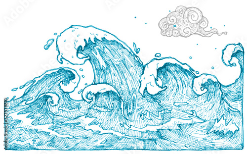 Hand drawn graphic sea. Illustration. Sea - ocean waves.
