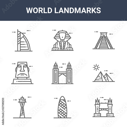 9 world landmarks icons pack. trendy world landmarks icons on white background. thin outline line icons such as tower bridge, pyramids, great sphinx of giza . world landmarks icon set for web and
