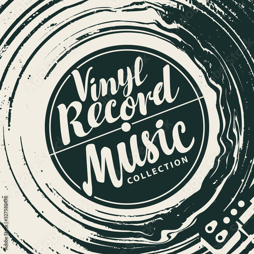 Vector music poster with vinyl record, record player and calligraphic lettering in retro style. Can be used as design elements for flyer, invitation, playbill, banner, cover, advertisement