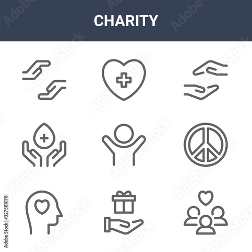 9 charity icons pack. trendy charity icons on white background. thin outline line icons such as people, peace, healing . charity icon set for web and mobile.