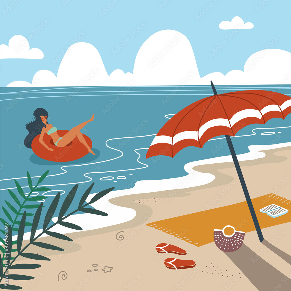 Tropical landscape. Palm trees and tropical plants. Seascape. Beach towel with umbrella on the beach. Woman in swimwear floating on rubber ring in sea waves. Flat vector illustration