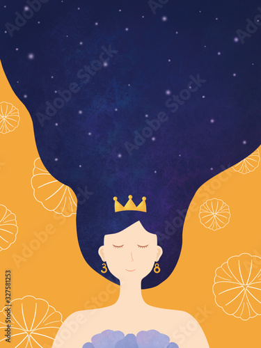 queen with long hair as universe wearing special earrings  on the background of flowers