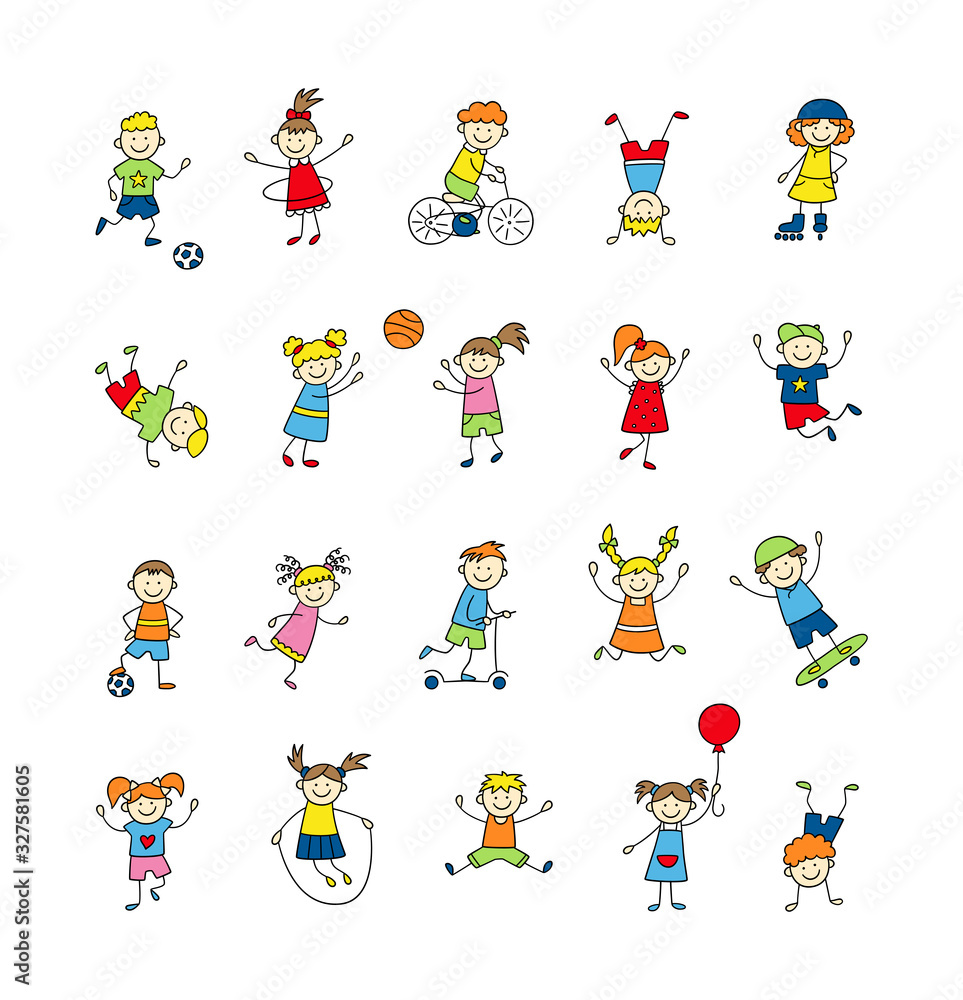 Fototapeta premium Funny small kids play, run and jump. Cute doodle children, boys and girls. A set of color isolated characters. Hand drawn vector illustration on white background